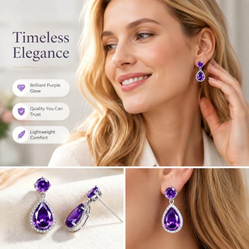 Drop Dangle Earrings Teardrop Gemstone Waterdrop White Gold Plated Crystal Hanging Cubic Zirconia Ruby Sapphire Emerald Jewelry Gift for Women Mother Wife - color: Purple