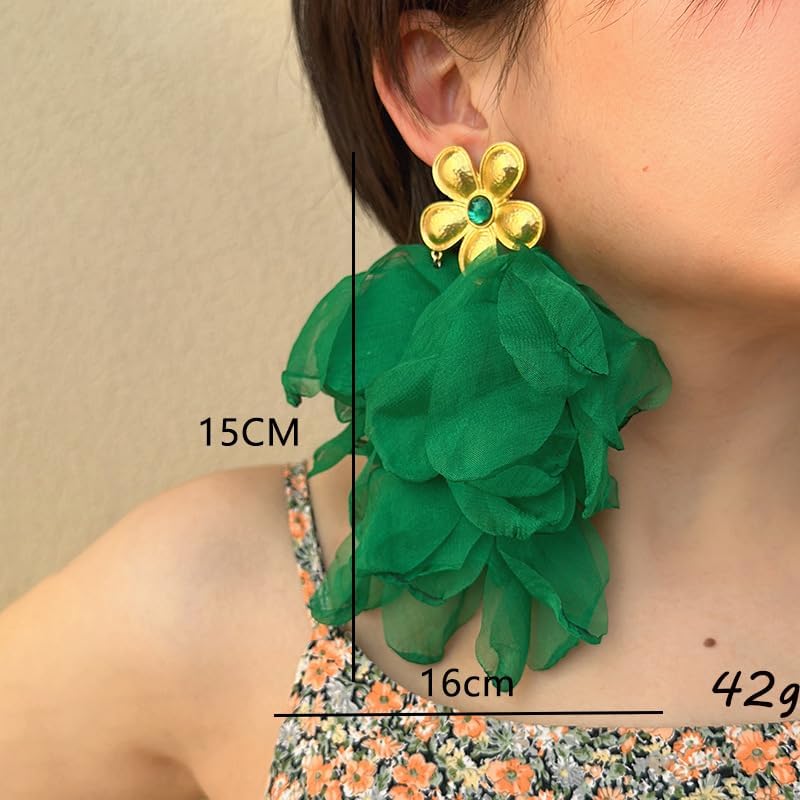 Fabric Flower Earrings for Women Colorful Long Tassel Floral Drop Earrings Fashion Boho Exaggerated Statement Beach Party Jewelry - color: E-874-Green