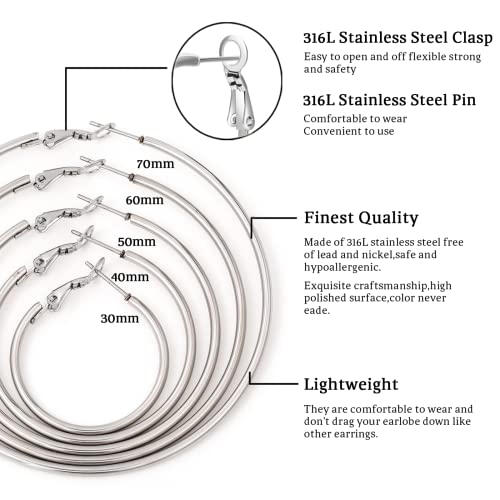 Senteria Large Gold Plated Hoop Earrings for Women Lightweight 316L Stainless Steel Hoop Earrings Set Hypoallergenic Thin Gold Plated Hoop Earrings for Women (30/40/50/60/70MM) 5 Pairs - color: 5pairs(30/40/50/60/70mm)-silver