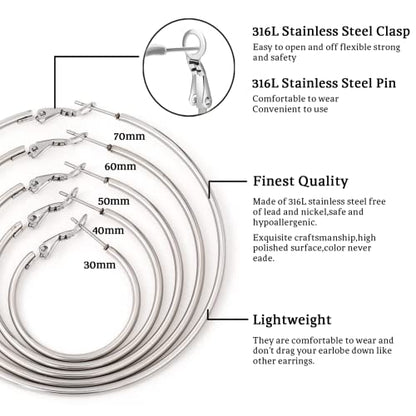 Senteria Large Gold Plated Hoop Earrings for Women Lightweight 316L Stainless Steel Hoop Earrings Set Hypoallergenic Thin Gold Plated Hoop Earrings for Women (30/40/50/60/70MM) 5 Pairs - color: 5pairs(30/40/50/60/70mm)-silver