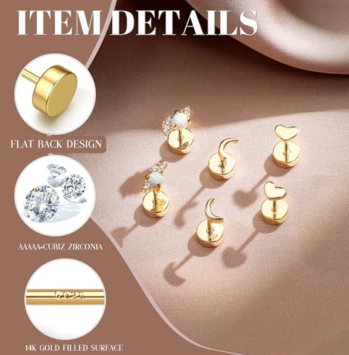14K Gold Plated 925 Sterling Silver Flat Back Earrings Set | Hypoallergenic Cartilage Helix Conch Tragus Piercing Jewelry 3 Pairs Small Screw Dainty CZ Opal Earring Set Men Women - color: Gold, Style D