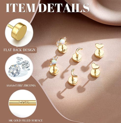 14K Gold Plated 925 Sterling Silver Flat Back Earrings Set | Hypoallergenic Cartilage Helix Conch Tragus Piercing Jewelry 3 Pairs Small Screw Dainty CZ Opal Earring Set Men Women - color: Gold, Style D