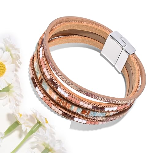 VIBILIA Boho Leather Wrap Bracelets for Women Multi-Layer Bracelets | With Strong Clasp Jewelry for Women - color: 03-BohoBraid-Khaki