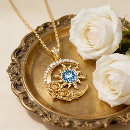 Midari 18K Yellow Gold Sun Moon Star Pendant Rose Flower Necklaces I Love You Forever Sun Moon Jewelry Gift for Mother Women - color: 03-Mar-Aquamarine, style: Sun&Moon