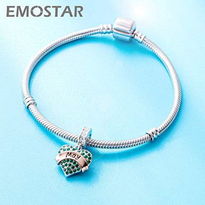 EMOSTAR Jan-Dec Birthstone Charms fits European Birthday Bracelet, Dangle 925 Sterling Silver Heart Shaped Pendant with 12 Months Birthstones, Gifts for Mom/Women - color: May Birthstone