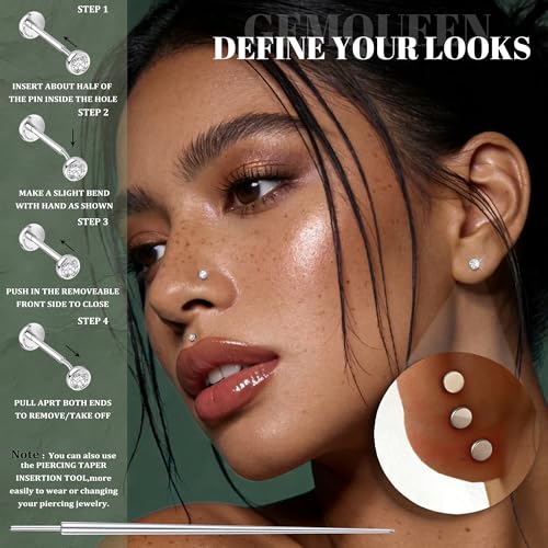 GEMQUEEN 4 Pairs 16G/18G/20G G23 Titanium Implant Grade Nose Studs Threadless Flat Back Earrings Hypoallergenic Flatback 5A CZ Cartilage Helix Tragus Conch Tiny Lip Piercing Jewelry for Women Men - color: Pure Titanium-18G(1.0MM)-Bar-6/8MM&CZ-2/3/4MM