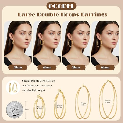 Large Thin Double Hoop Earrings for Women Lightweight Hypoallergenic 925 Sterling Silver Post 14K Gold Hoops Non Tarnish Sturdy Big Thin Double Layered Hoop Earrings 30/40/50/60mm - color: Gold, size: 50mm