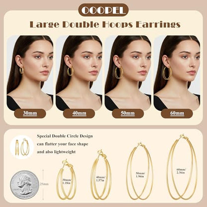 Large Thin Double Hoop Earrings for Women Lightweight Hypoallergenic 925 Sterling Silver Post 14K Gold Hoops Non Tarnish Sturdy Big Thin Double Layered Hoop Earrings 30/40/50/60mm - color: Gold, size: 50mm