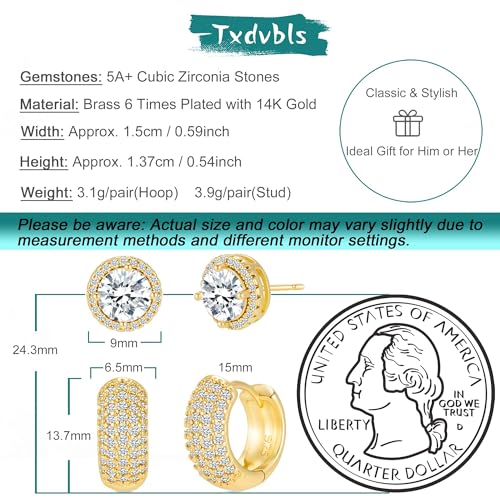 Earrings for Men 14K Gold Plated Hypoallergenic Mens Hoop Earrings | Cubic Zirconia Round/Square Stud with Huggie Hoop Earring Set,Mens Cartilage Studs for Sensitive Ear,Jewelry Gift for Him - color: Round Stud & Huggie - Gold