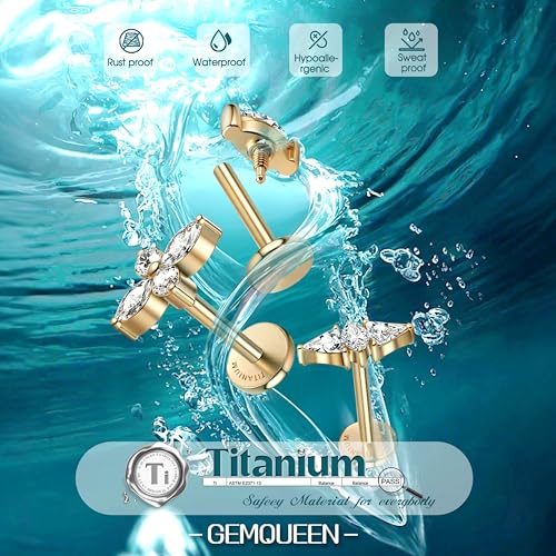 3 Pcs G23 Implant Grade Titanium Flat Back Earrings for Women Men | Hypoallergenic Internally Threaded 5A CZ Gold Flatback Stud, Tragus, Cartilage, Conch Piercing Jewelry for Sensitive Ears 18G - color: Gold 3
