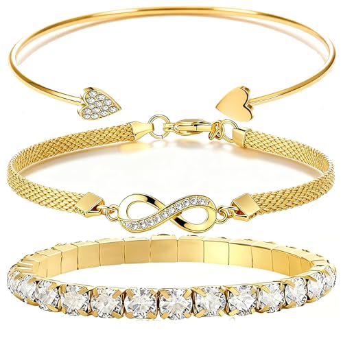 Alegend 14K Gold Plated Stackable Multilayer Bracelets + Titanium Steel(Not Rust, Resist Corruption, Easily Clean) 18K Gold Plated Single Bracelets - color: 14K Gold Heart & Infinity Symbol