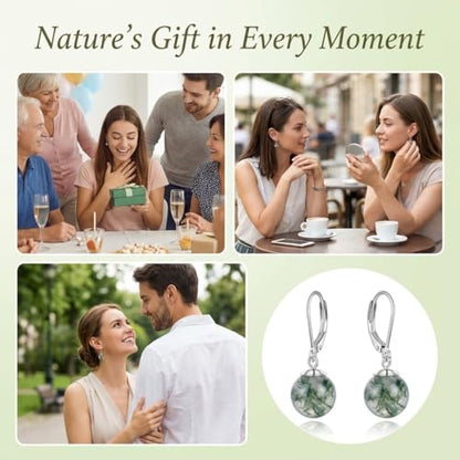 Pearl Leverback Earrings for Women Dangle Round Gemstone Earrings Birthstone Jewelry Gift Anniversary for Her - color: 17 Waterweed Agate