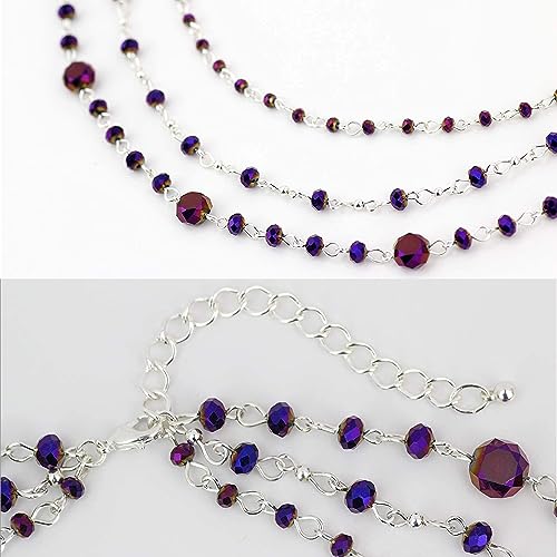 Firstmeet Long Chain Multi Layer Fashion Glass Beads Handmade Necklace for Women - color: Purple-y