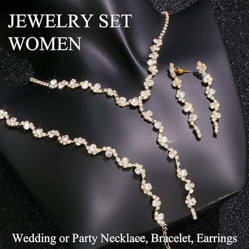 Rhinestone Jewelry Set Crystal Pearl Necklace Bracelet Earrings | Sparkly Necklace Dangle Earrings,Wedding Prom Formal Costume Jewelry Sets for Women - color: Gold3