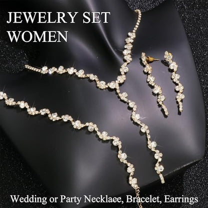 Rhinestone Jewelry Set Crystal Pearl Necklace Bracelet Earrings | Sparkly Necklace Dangle Earrings,Wedding Prom Formal Costume Jewelry Sets for Women - color: Gold3