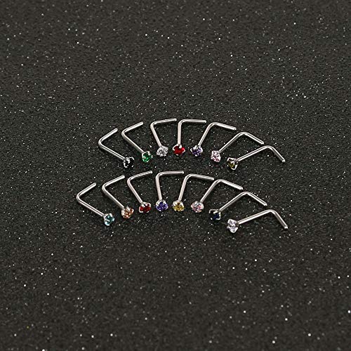 ZS 6-14PCS 20g Tiny Nose Stud Ring Piercing Surgical Steel Nose Bone/L Shaped/Nose Screws Rings Set - color: C:14pcs L Shaped Style(Mixed Color)