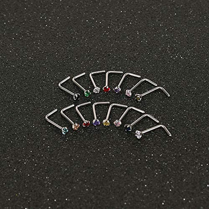 ZS 6-14PCS 20g Tiny Nose Stud Ring Piercing Surgical Steel Nose Bone/L Shaped/Nose Screws Rings Set - color: C:14pcs L Shaped Style(Mixed Color)