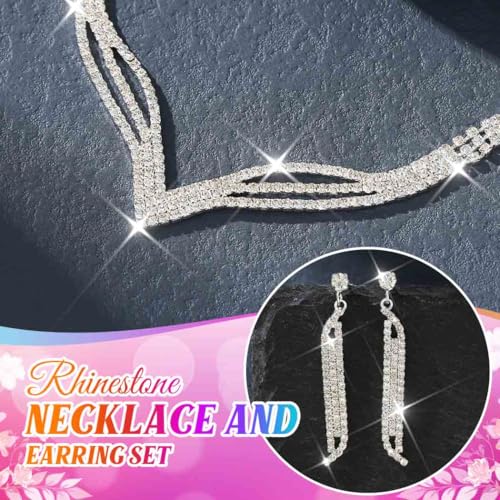 Rhinestone Bridal Wedding Jewelry Sets Black Necklace Earrings Bracelet Ring Set Prom Formal Costume Jewelry Set for Women and Brides - color: Silver