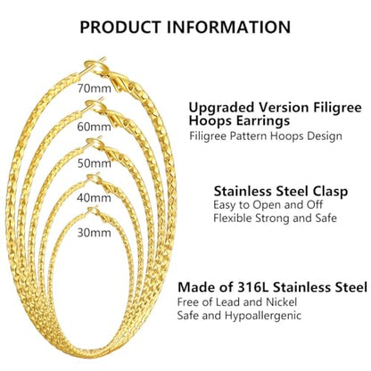 4/10 Pairs Stainless Steel Gold Silver Plated Hoop Earrings Hypoallergenic Dainty Big Small Hoops Earrings Set for Women - color: 5 Pairs Gold Plated Filigree Hoop Earrings Set