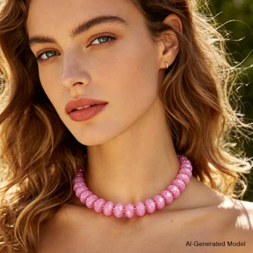 Colorful Chunky Acrylic Beaded Choker Necklaces for Women | Multicolor Faceted Beads, Sturdy Metal Chain, Adjustable Detachable, Lightweight, Summer Boho, Sparkly Statement Jewelry Gift - color: Pink