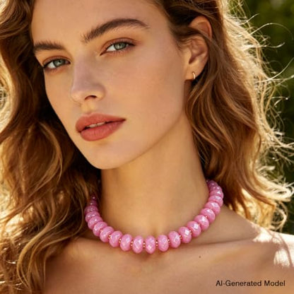 Colorful Chunky Acrylic Beaded Choker Necklaces for Women | Multicolor Faceted Beads, Sturdy Metal Chain, Adjustable Detachable, Lightweight, Summer Boho, Sparkly Statement Jewelry Gift - color: Pink