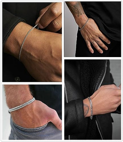 Honsny 6PCS Stainless Steel Bracelets for Women Men,14K Gold Plated Cuban Link Paperclip Chain Bracelet Dainty 6.3/7/7.8/9.5 Inch Stainless Steel Bracelet Set Fashion Jewelry - color: Silver, size: 7 Inches