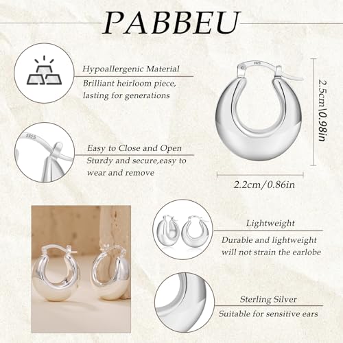 PABBEU Chunky Silver Hoops Earrings for Women Hypoallergenic | Lightweight 925 Sterling Silver Oval Hoop Earring, Sterling Silver Thick Hoop Earrings for Women Gift 25/28/30/38/40mm - color: 25mm Silver