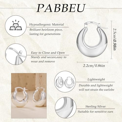 PABBEU Chunky Silver Hoops Earrings for Women Hypoallergenic | Lightweight 925 Sterling Silver Oval Hoop Earring, Sterling Silver Thick Hoop Earrings for Women Gift 25/28/30/38/40mm - color: 25mm Silver