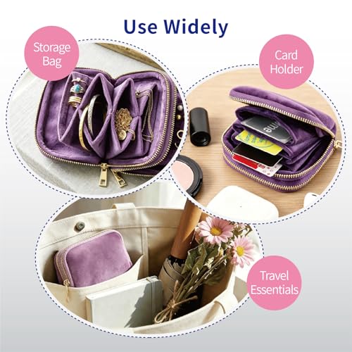 Small Travel Jewelry Case with Earring Box Mini Jewelry Case | Double-Layer Velvet Travel Jewelry Organizer Pouch with 7 grids & 4 Pockets, for Necklace Bracelet, Gifts for Women, Purple - color: Purple double-layer