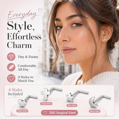 20G Nose Rings for Women, L Shaped Nostril Piercing Studs | 316L Stainless Steel, 0.8 mm×7 mm, 2 mm CZ or 3-4 mm Heart, Star, Moon and Cross, Gold-Tone or Silver-tone, Daily Wear - style: Silver Style B