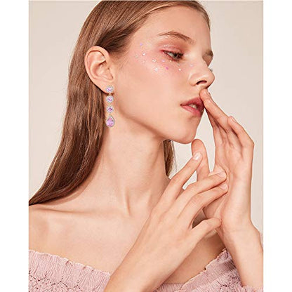 Women's Cubic Zirconia Bridal Earrings - Elegant Long Wedding Party Prom Earring for Bride Bridesmaids Crystal CZ Rhinestone Chandelier Statement Dangle Drop Earrings for girls - color: Pink-gold