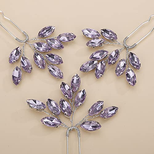 Teyglen 3pcs Bridal Crystal Hair Pins Rhinestones Hair Pieces Simple Purple Crystal Wedding Hair Pins Handmade Hair Accessories for Women Bride(Purple) - color: Purple
