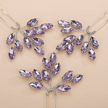 Teyglen 3pcs Bridal Crystal Hair Pins Rhinestones Hair Pieces Simple Purple Crystal Wedding Hair Pins Handmade Hair Accessories for Women Bride(Purple) - color: Purple