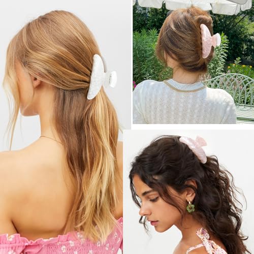 2 Pack Hair Claw Clips Women Large Tortoise Hair Clip French Design Barrettes Celluloid Leopard Print Accessories Jaw Clips for Thick Hair - color: Pearl White Shell