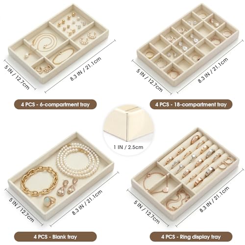 16 Pack Velvet Jewelry Trays for Drawers, Stackable Jewelry Organizer Trays with Dividers, 8.3 x 5 in Drawer Inserts for Rings Necklaces Earrings Bracelets, Beige