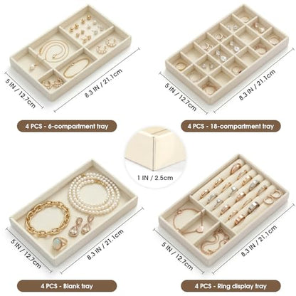 16 Pack Velvet Jewelry Trays for Drawers, Stackable Jewelry Organizer Trays with Dividers, 8.3 x 5 in Drawer Inserts for Rings Necklaces Earrings Bracelets, Beige