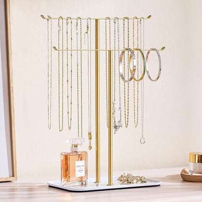 pickpiff Necklace Holder Jewelry Organizer Stand – 2‑Tier T‑Bar Jewelry Display Tree with Tray for Countertop Necklace Bracelet Earring Storage, Vanity Dresser Bathroom Sink, Gold - color: Gold