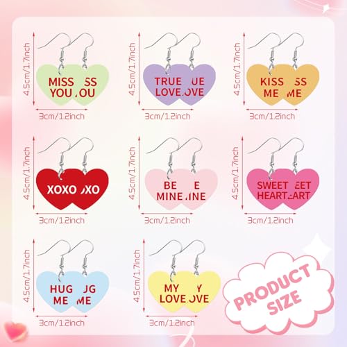 8 Pairs Valentine's Day Candy Heart Acrylic Earrings for Women | Sweet Conversation Dangle Earrings, Kiss Hug My Love, Valentine Day Anniversary Wedding Gifts, Girls Women Party Accessories - style: Valentines Day