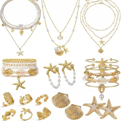 Beach Jewelry for Women - 32 Pcs Mermaid Jewelry Set | Includes Layering Seashell Necklace, Starfish Bracelets, Shell Earrings and Rings, Coastal Jewelry for Women