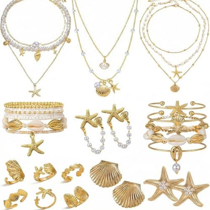 Beach Jewelry for Women - 32 Pcs Mermaid Jewelry Set | Includes Layering Seashell Necklace, Starfish Bracelets, Shell Earrings and Rings, Coastal Jewelry for Women