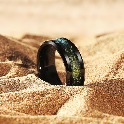 King Will Mens Galaxy Tungsten Wedding Band | 6mm/8mm, Beveled Edge, Comfort Fit, Durable, Sandstone Opal Inlay Polished, Everyday Wear - color: Black&Yellow&Green