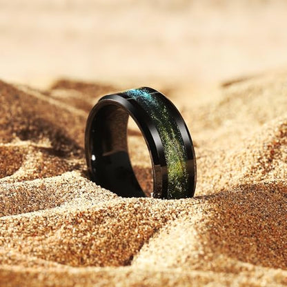 King Will Mens Galaxy Tungsten Wedding Band | 6mm/8mm, Beveled Edge, Comfort Fit, Durable, Sandstone Opal Inlay Polished, Everyday Wear - color: Black&Yellow&Green