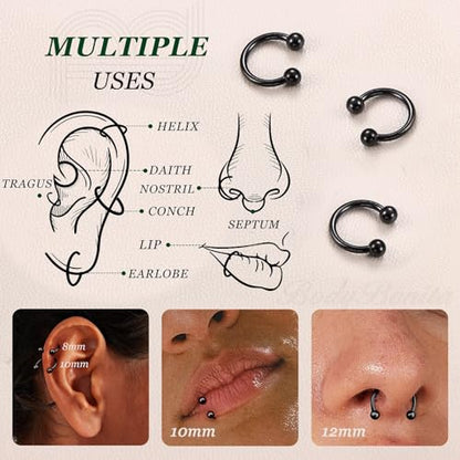 G23 Titanium 14/16/18/20G Septum Rings Horseshoe Nose Ring Jewelry | 2/3Pcs Circular Barbell Spike Lip Body Piercing Jewelry Conch Helix Tragus Earring Silver/Black 8/10/12mm 14K Gold Plated - color: Black-3pcs, size: Balls-3pcs-16g-8mm