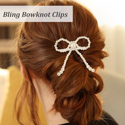 Daifunli 4 Pcs Elegant Pearl Bow Hair Clip Sparkly Bowknot Clips Vintage White Pearl Barrette Hairpin Headwear Gifts Weddings Brides Birthdays for Women Girls - style: Pearl