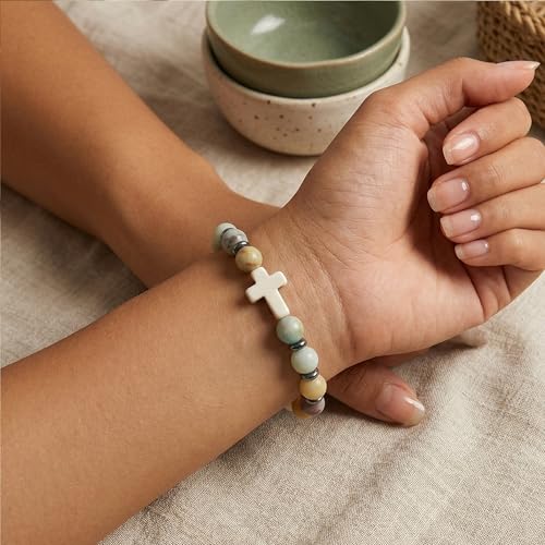 Crystal Cross Bracelet for Women and Men, Gift Jewelry Jewelry Gift | natural stone beads, crystal beads, cross design, inspirational style, birthday gift, bracelet jewelry for casual styling - color: white