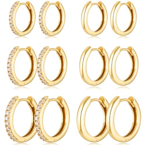 Gold Hoop Earrings Set Huggie Hoop Earrings Hypoallergenic Tiny Lightweight Cartilage Cubic Zirconia Jewelry Everyday Earrings for Women Piercing - color: 6Pairs