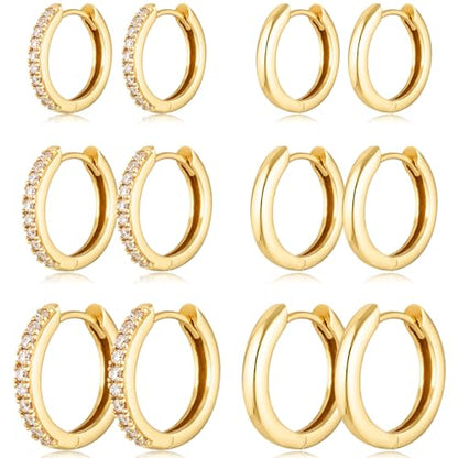 Gold Hoop Earrings Set Huggie Hoop Earrings Hypoallergenic Tiny Lightweight Cartilage Cubic Zirconia Jewelry Everyday Earrings for Women Piercing - color: 6Pairs