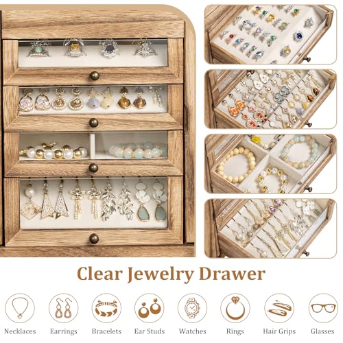 Large Jewelry Box & Organizer for Women, Wooden Jewelry Storage with 4 Transparent Drawers, Holds Necklaces, Rings, Bracelets, Earrings and Watches(Brown) - color: Rustic Brown