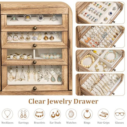 Large Jewelry Box & Organizer for Women, Wooden Jewelry Storage with 4 Transparent Drawers, Holds Necklaces, Rings, Bracelets, Earrings and Watches(Brown) - color: Rustic Brown