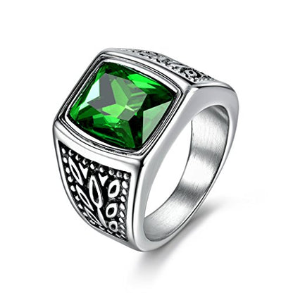 MASOP Jewelry Men's Stainless Steel Wide Identify Ring Green Emerald Color Square Stone